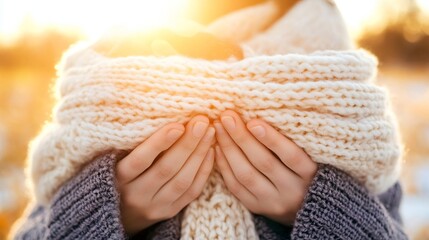 Cuddled Hands Holding a Cozy Knit Scarf in a Beautiful Warm Sunset Setting : Generative AI