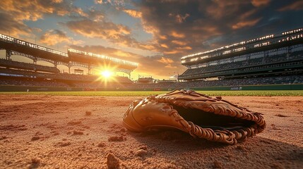 Baseball glove rests on infield dirt at sunset in a stadium.