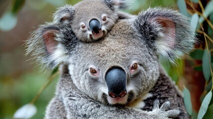 Obraz premium A mother koala carries her baby on her back, nestled among green eucalyptus leaves, showcasing their close bond in a natural setting.