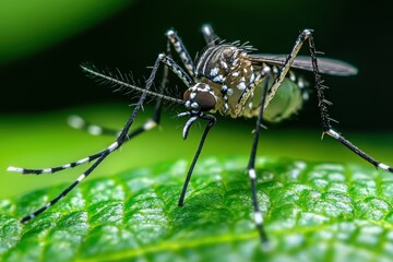 Close-up of a mosquito on a green leaf, detailed legs and body. Illustrates the insect's anatomy for scientific or medical use.
