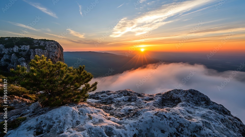Poster breathtaking sunset view from a mountain peak with colorful skies and lush landscape below during tw