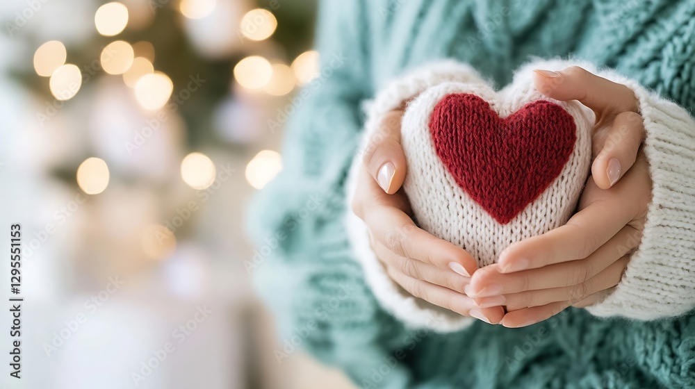 Poster warm and cozy heartfelt gift of handmade knitted heart in hands with bokeh background : generative a