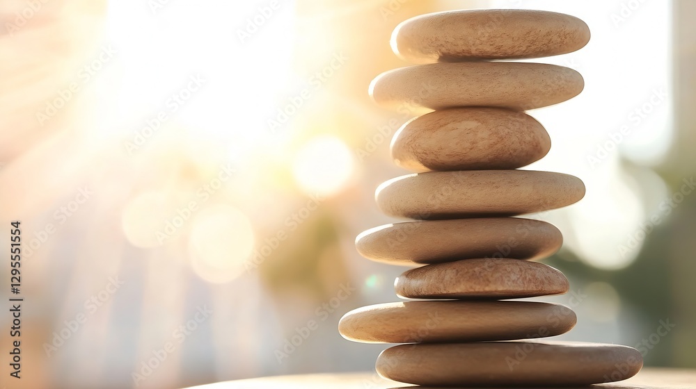 Poster balanced stack of smooth stones illuminated by soft sunlight in nature : generative ai