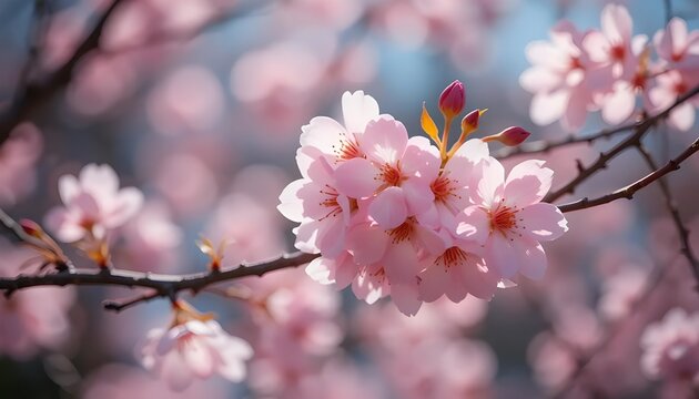 Blooming cherry blossom branches in spring. Closeup of pink flowers with soft bokeh background with branches and twigs in sunlight