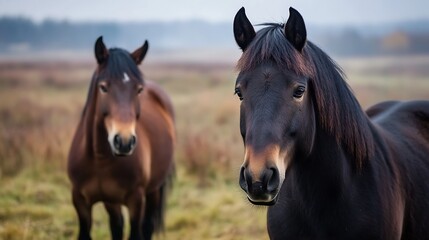 Obraz premium Majestic horses grazing in the tranquil meadow at sunrise capturing the essence of nature and freedom : Generative AI