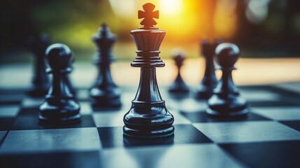 Black chess king piece stands out among other pieces on a chessboard, outdoors in sunlight.