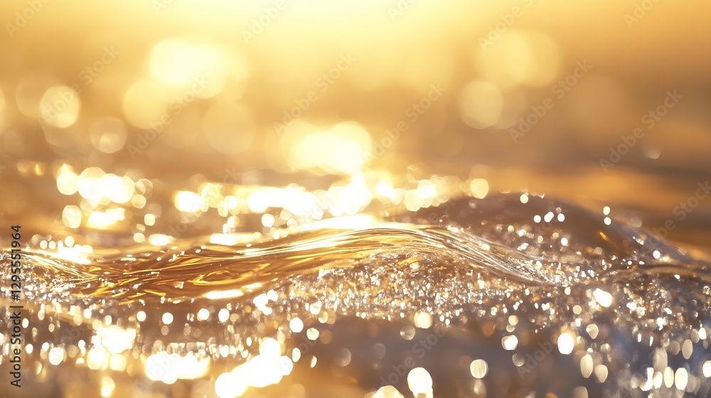 Poster stunning close up view of shimmering water waves reflecting warm golden light in a tranquil outdoor 