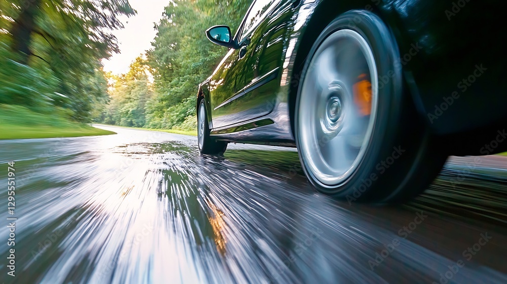Poster dynamic car in motion on a rainslicked road surrounded by lush green forests and tranquil scenery : 
