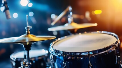 Naklejka premium Close Up of Drums on Stage with Bright Stage Lights and Vivid Background : Generative AI