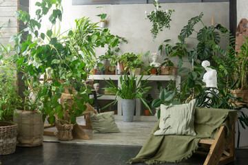 A fragment of the interior with a variety of indoor plants and plaster sculptures. Urban jungle concept. Biophilia design.
