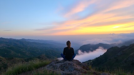 Fototapeta premium Serene Sunset Meditation in Mountains Calm Female Figure Gazing at Scenic View : Generative AI