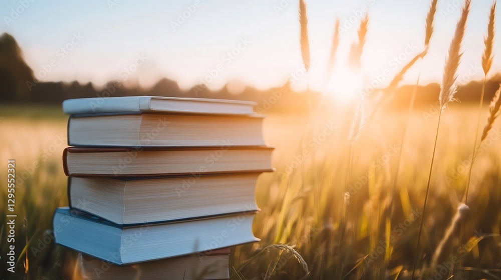 Poster stack of books resting on a grassy field glowing in warm sunlight during a beautiful sunset : genera
