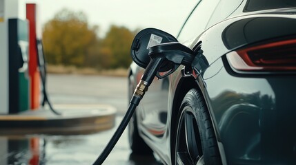 Dark Sports Car Refueling At Gas Station