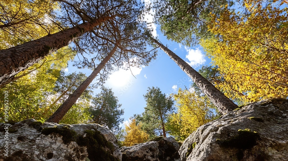 Poster Beautiful view of tall trees and vibrant autumn foliage with sunlight filtering through the branches : Generative AI