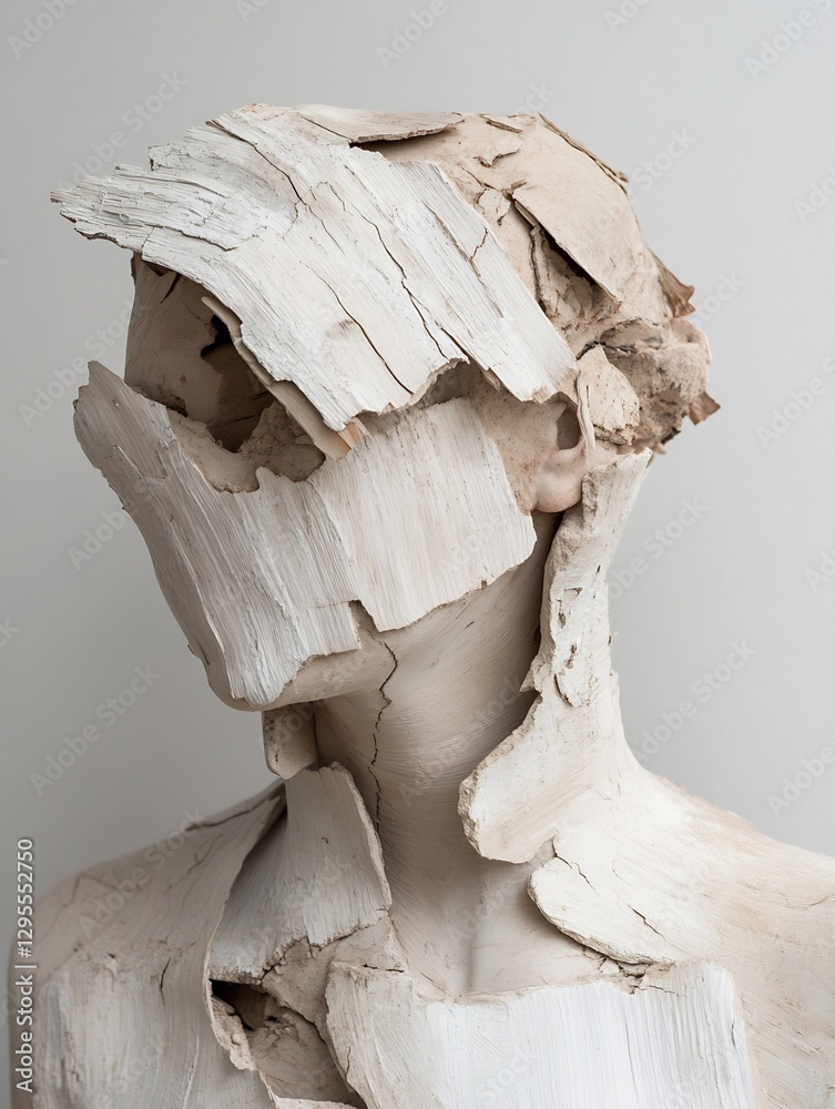Poster unique artistic piece of a mannequin with white cracked clay surface highlighting abstract features 