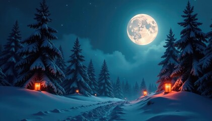 Luminous Full Moon casts eerie glow on snow covered pine trees with glowing orange lanterns, misty, forest, snowy