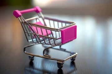 Miniature Shopping Cart with Pink Handle on a Reflective Surface