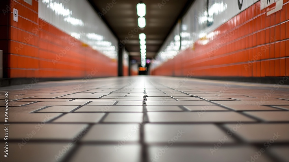 Poster urban subway station floor perspective showcasing tiled surface and empty corridor in modern design 