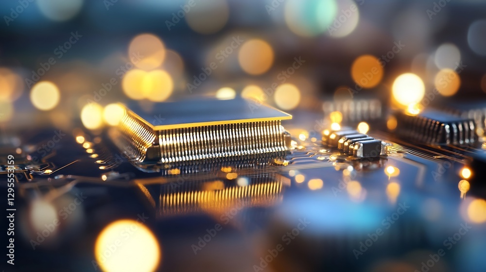 Aufkleber High-Tech Close-Up of a Computer Circuit Board with Soft Bokeh Lights and Modern Electronics : Generative AI