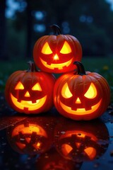 Fototapeta premium Luminous jack-o-lanterns in a triangular formation, triangular arrangement,
