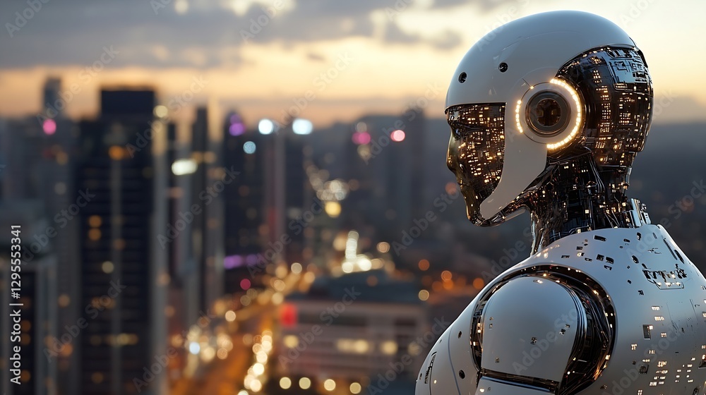 Poster Side view of a futuristic humanoid robot overlooking a vibrant cityscape at dusk showcasing advanced technology : Generative AI