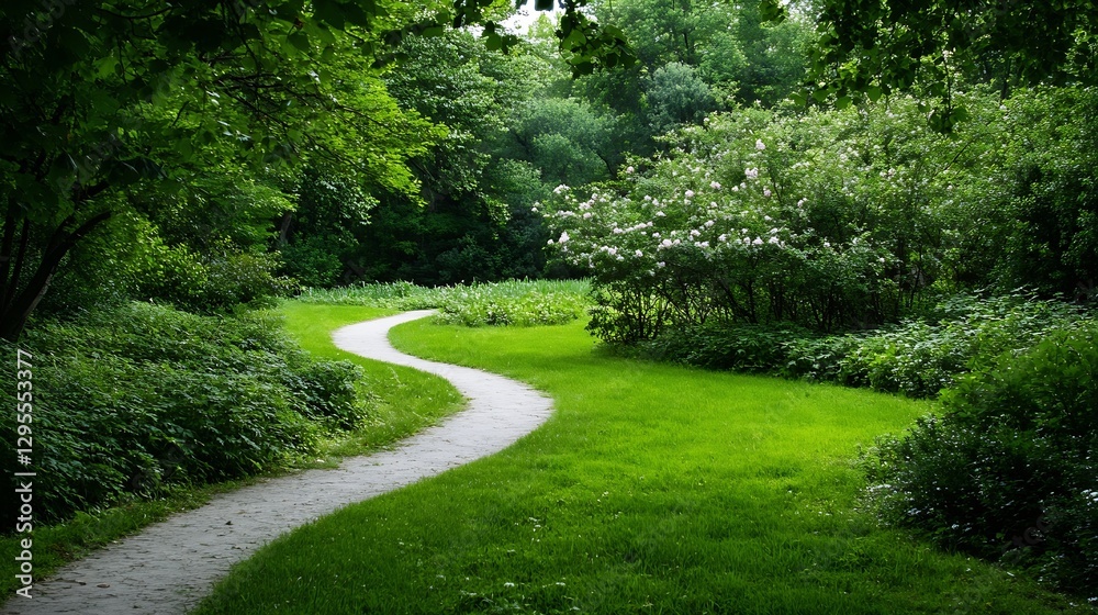 Poster Peaceful winding path through lush greenery in a serene forest setting during daytime : Generative AI