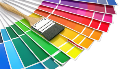 Paintbrush lying on a color palette with transparent background