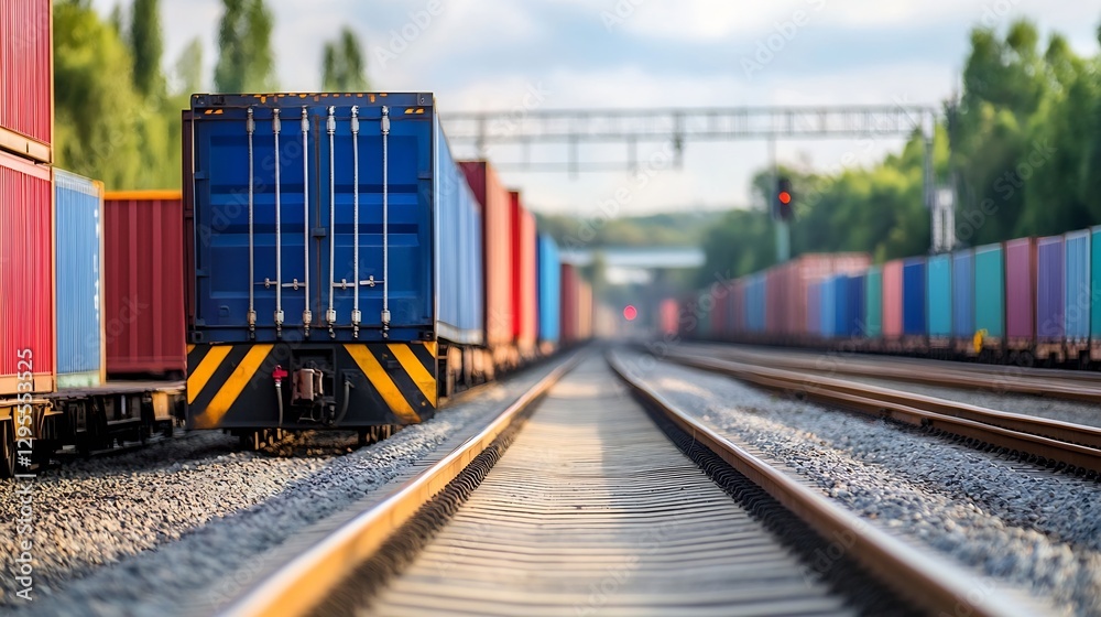 Poster vibrant and colorful cargo containers lined up along railroad tracks in a scenic landscape : generat