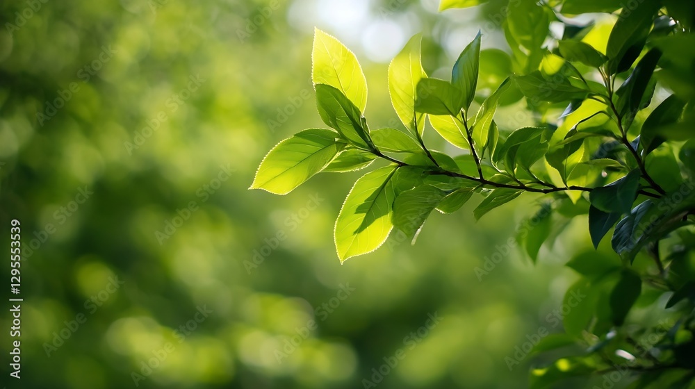 Poster Close up view of vibrant green leaves with sunlight filtering through for a refreshing feel : Generative AI