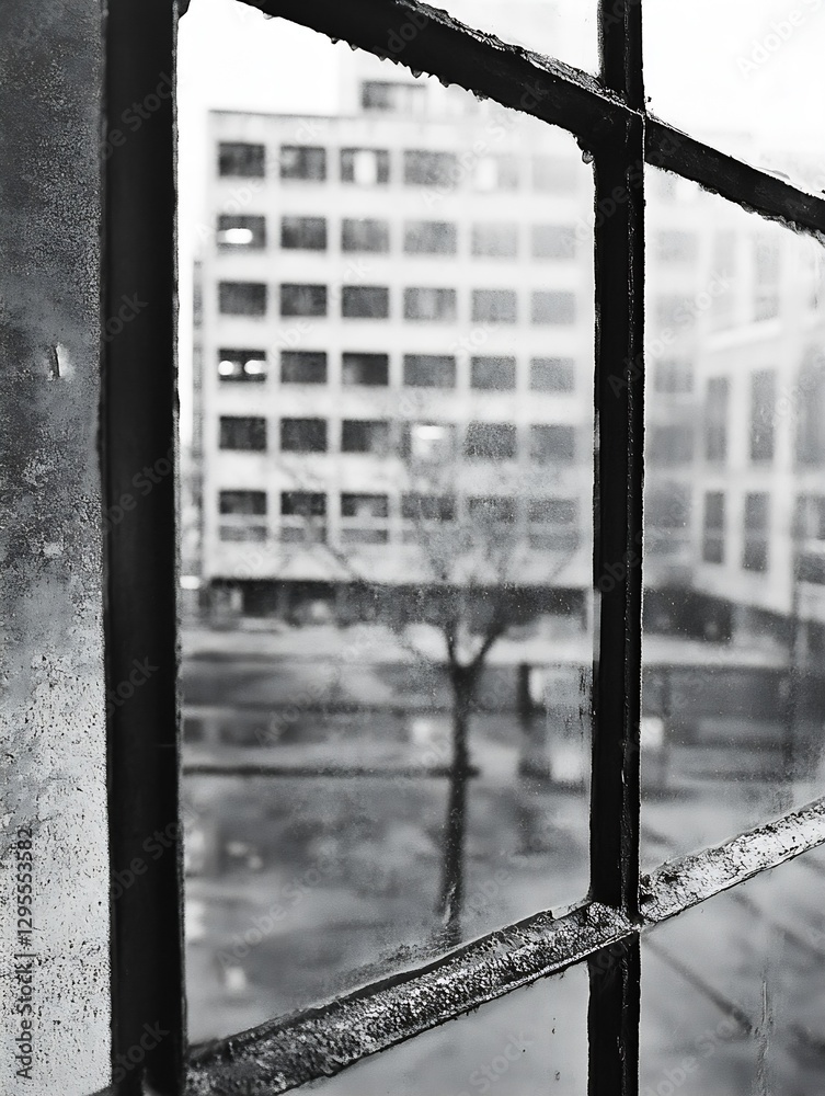 Aufkleber moody black and white interior view through a window showcasing urban architecture and a rainy atmos