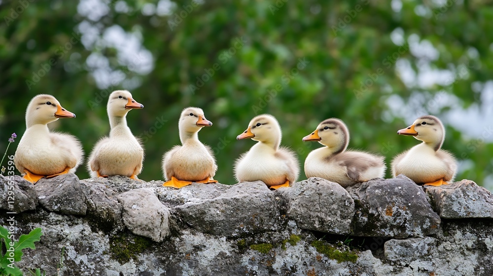 Poster charming lineup of fluffy ducklings sitting on a stone wall surrounded by lush greenery : generative