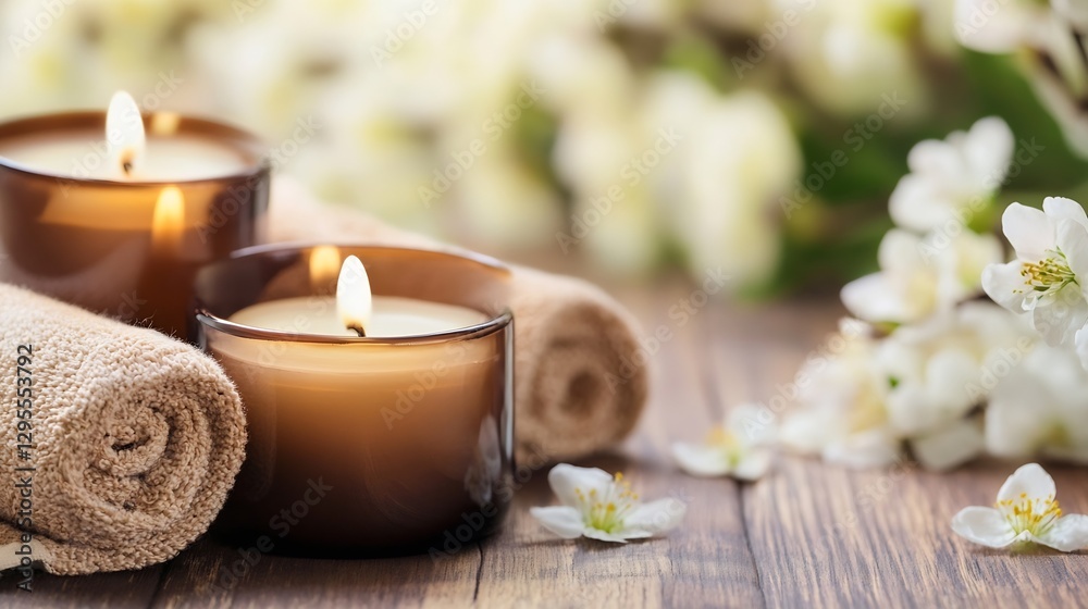 Poster Harmonious Candle Spa Setup with Flowers for Relaxation and Calm Vibes : Generative AI