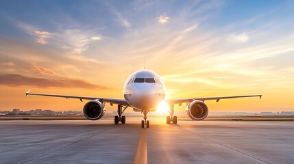 Airplane on Runway at Sunset with Dramatic Sky in Background : Generative AI