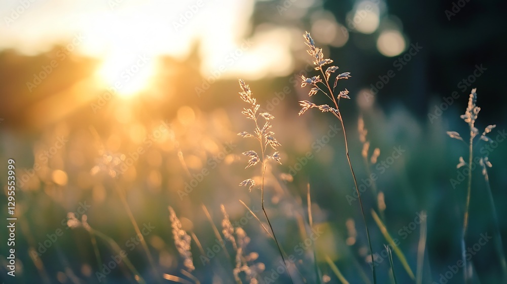 Aufkleber golden sunlight illuminating tall grasses in a field at dusk creating a serene natural environment :
