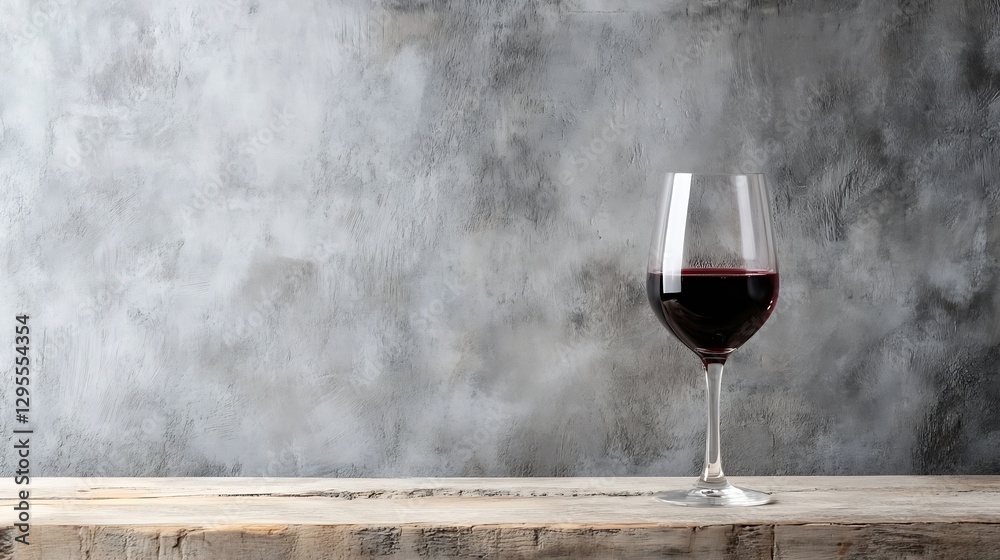 Poster a glass of rich red wine elegantly placed on a rustic wooden table against a textured background : g