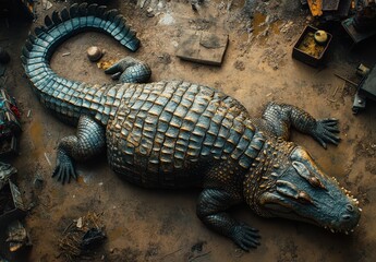 Fototapeta premium A Large, Aged Crocodile Resting on Ground Surrounded by Old Objects, Capturing the Beauty and Intricacies of Reptilian Life in an Urban Environment