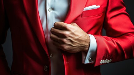 Elegant Man in Red Suit Adjusting His Cuff and Jacket Close-Up