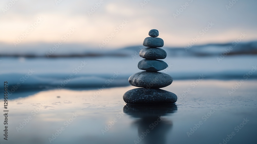 Poster Serene stacked stones on a reflective surface symbolizing balance and harmony in a tranquil setting : Generative AI