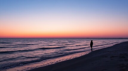 Silhouetted Person Standing on Quiet Beach at Stunning Sunset Hour : Generative AI