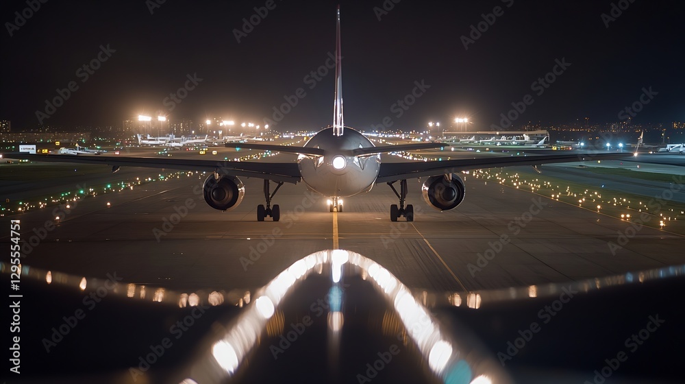 Poster Nighttime Airport View with Illuminated Runway and Airplane Preparing for Takeoff : Generative AI