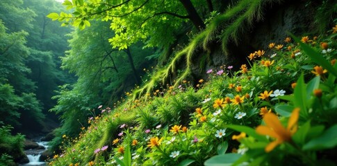 Lush green foliage surrounds a rugged hillside covered in moss and wildflowers, Greenery, Nature