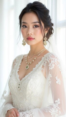 Fototapeta premium Beautiful women wearing traditional white bridal dress with jewelry, white background
