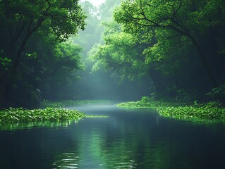 Obraz premium Misty Forest River Scene