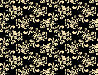 Flower pattern. Seamless golden and black ornament. Graphic vector background
