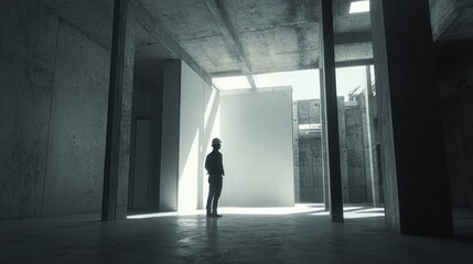 Fototapeta premium Worker inspecting a bare concrete building under construction stage
