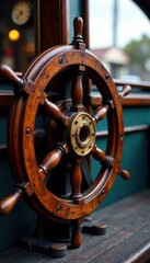 Obraz premium Vintage wooden ship wheel, navigation, classic, wheel