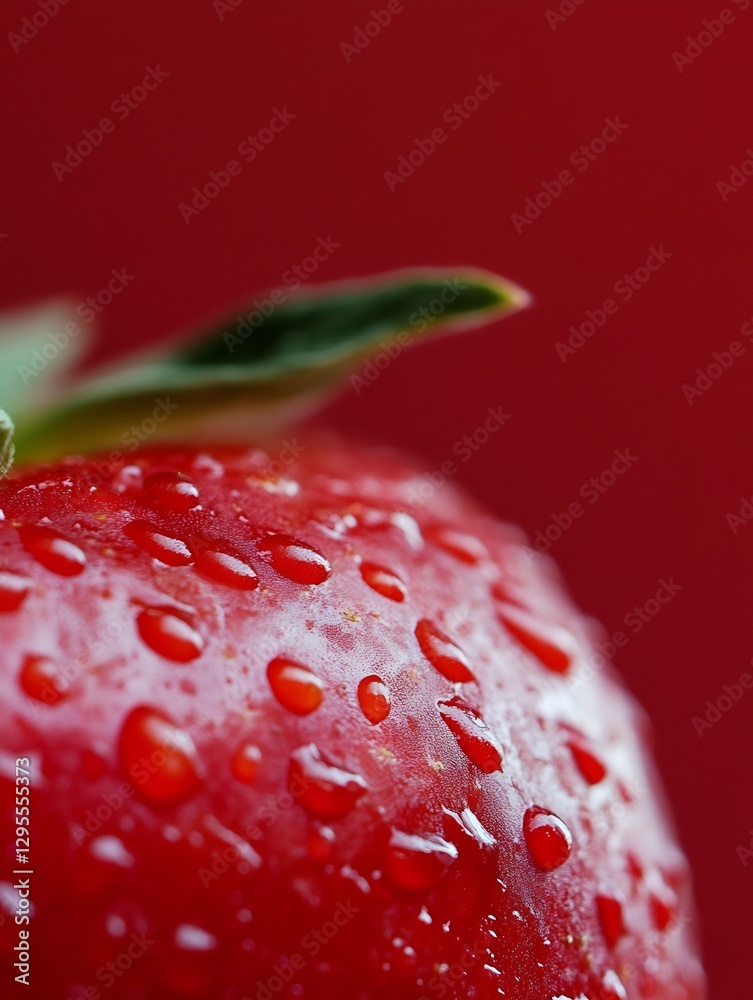 Poster detailed view of a ripe strawberry covered with water droplets on a vibrant red background : generat