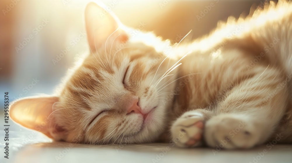 Poster calm orange cat sleeping peacefully in warm sunlight captured in relaxing setting : generative ai