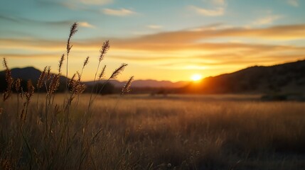 Fototapeta premium Serene sunset landscape with tall grass under a colorful sky during golden hour : Generative AI
