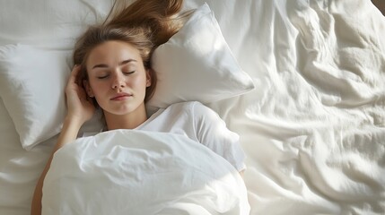 Peaceful Sleep of a Young Woman Beautifully Relaxed in Soft Bed Linens : Generative AI